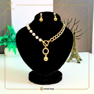 Elegant Pearl & Gold Chain Necklace Set with Round Pendant