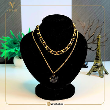 Dual Layer Gold Chain Necklace Set with Black Swan Pendant
