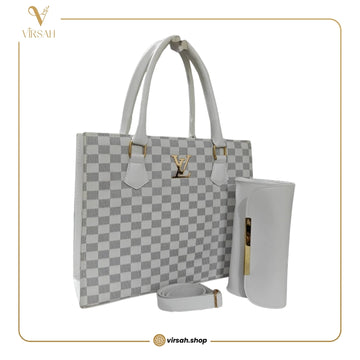 Elegant White Checkered Luxury Tote Handbag Set for Women