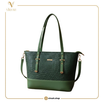 Elegant Green Croc-Texture Tote Bag | Premium Shoulder & Handbag for Women