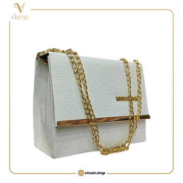 Luxury White Croc-Texture Handbag | Gold Chain Shoulder Bag