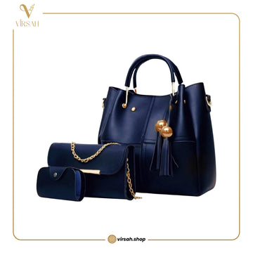 Luxury Navy Blue Handbag Set | 3-Piece Premium Tote, Clutch