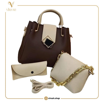 Elegant Brown & Beige Handbag Set for Women | 3-Piece Structured Tote