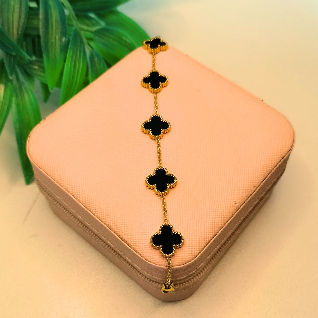 Virsah Gold-Plated Black & White Clover Charm Bracelet