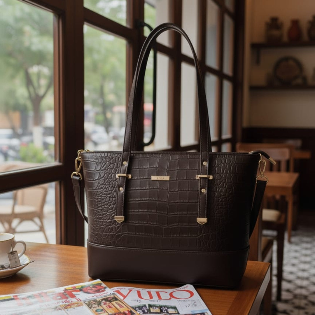 Elegant Green Croc-Texture Tote Bag | Premium Shoulder & Handbag for Women