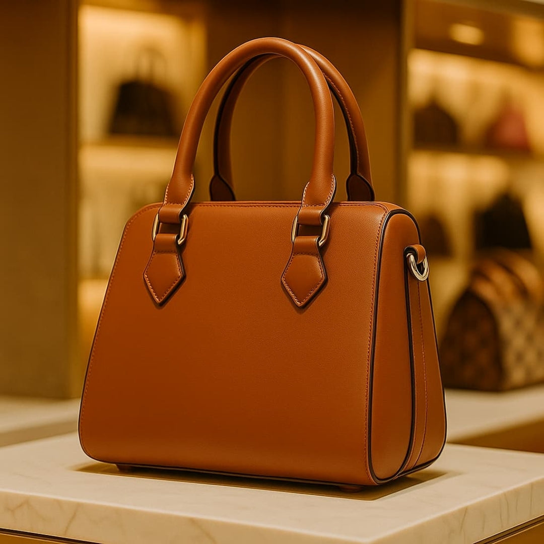 Virsah Classic Black Faux Leather Satchel with Tan Handles