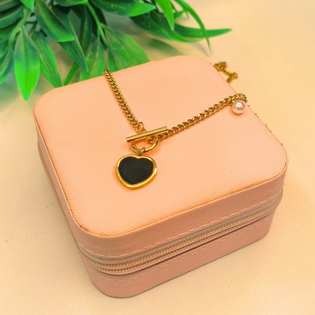 Virsah Gold Black Heart Necklace | Elegant Toggle Chain with Pearl Accent