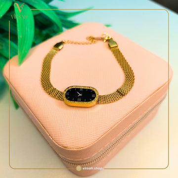 Virsah Gold Chain Bracelet with Black Oval Dial