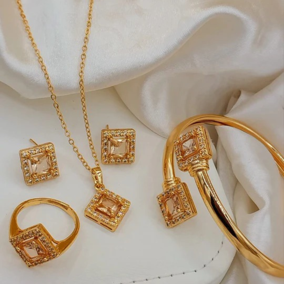 China Gold Plated Jewelry Set – Locket, Ring, Earrings & Bangle – Multi Stone Colors