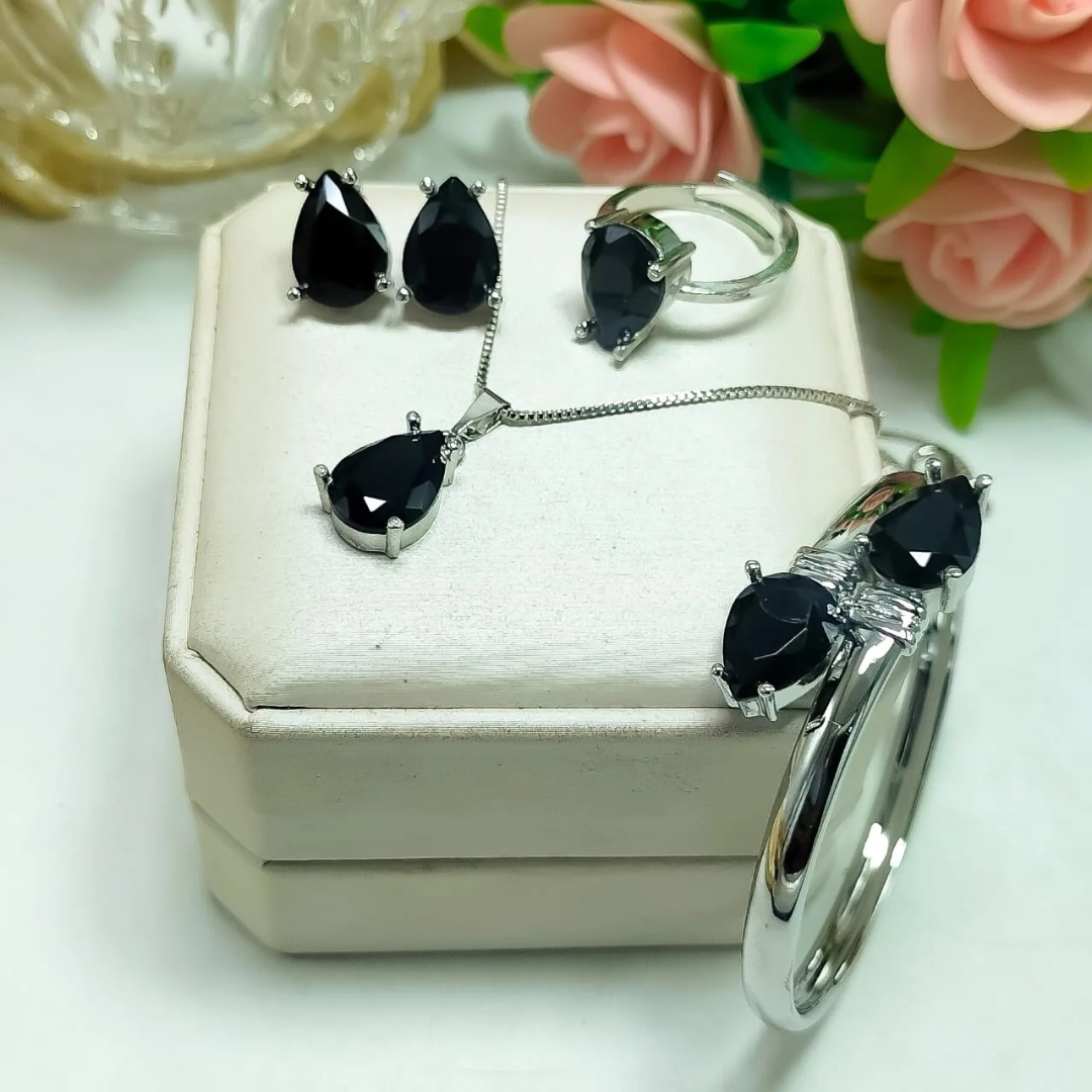 Stainless Steel Jewelry Set with Black & Blue Stones – Necklace, Earrings, Ring & Bangle (4 Pcs)