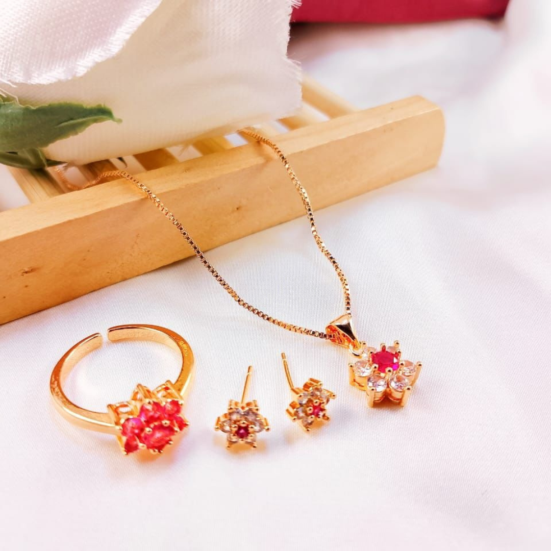 Ruby Pink Jewelry Set – Necklace, Earrings & Ring (3 Pcs) | Elegant Gemstone Look