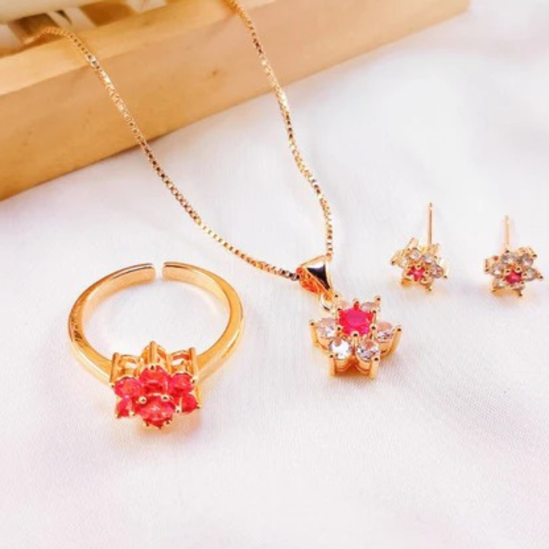 Ruby Pink Jewelry Set – Necklace, Earrings & Ring (3 Pcs) | Elegant Gemstone Look