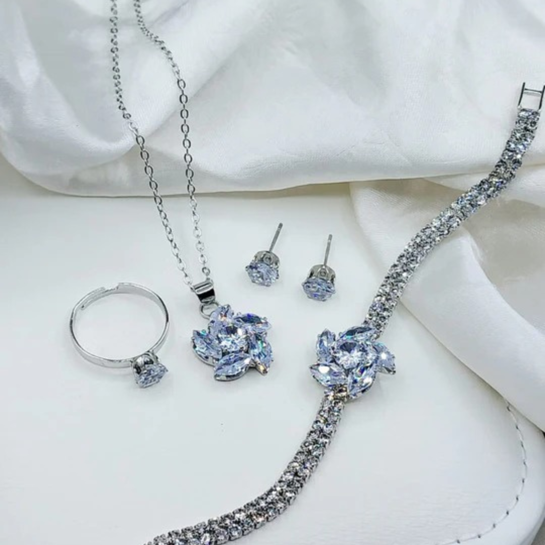 White Flower Design Jewelry Set – Golden, Silver & Stainless Steel Finish – Necklace, Earrings, Ring & Bracelet (4 Pcs)