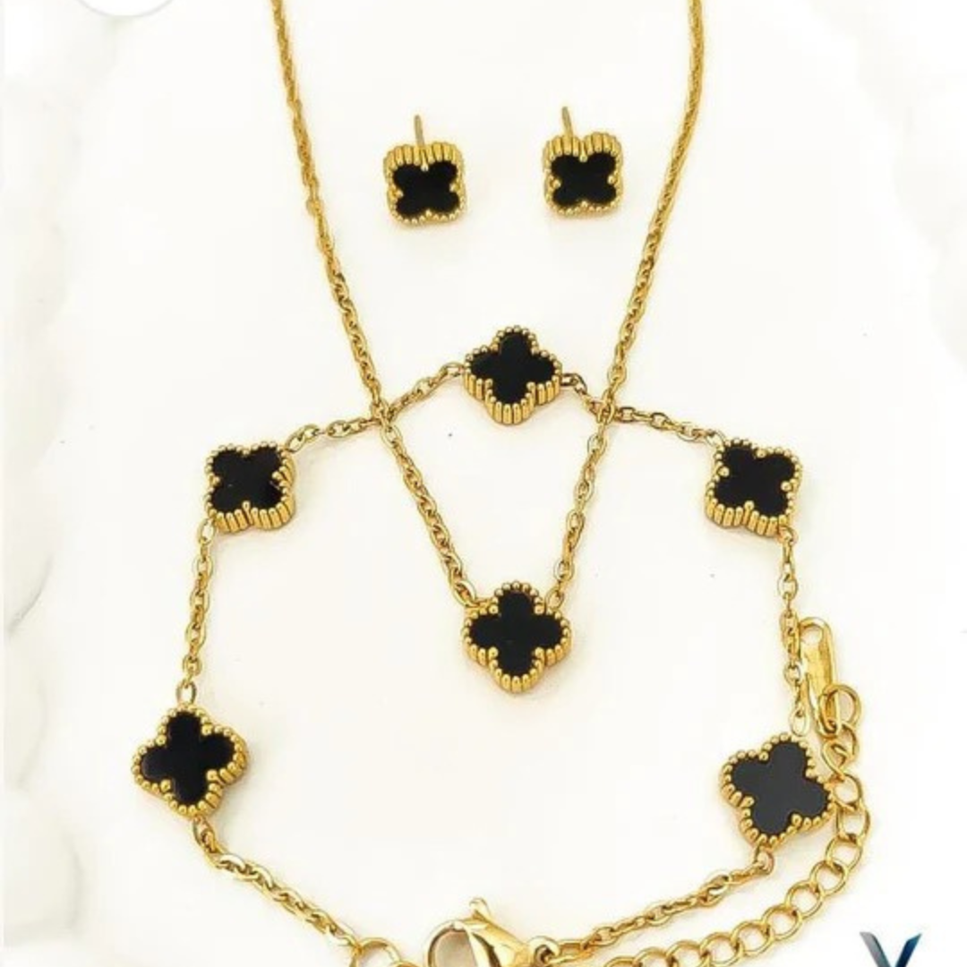 Golden Jewelry Set with Black Flower Design – Necklace, Earrings & Bracelet (3 Pcs)