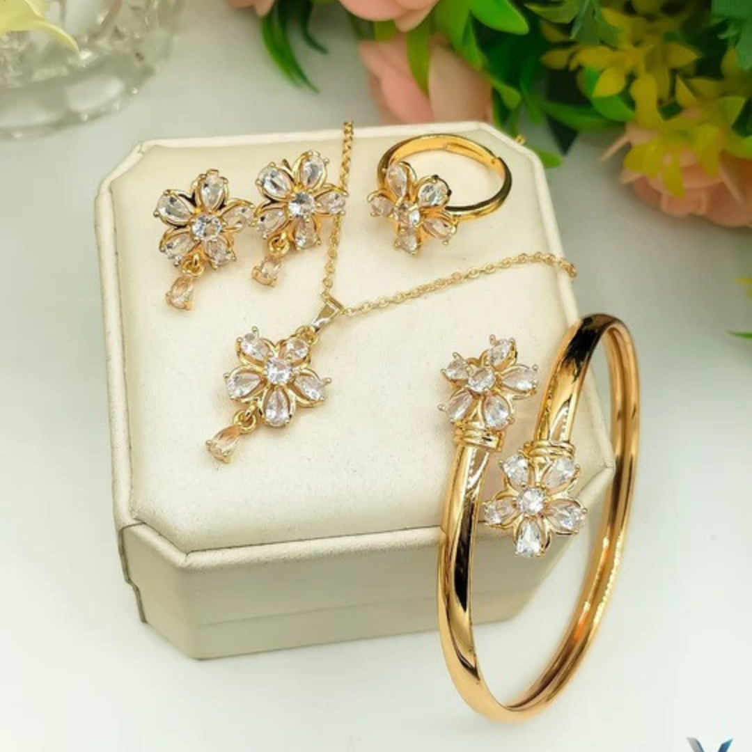 Golden Floral Jewelry Set with Multi-Colored Stones – Necklace, Earrings, Ring & Bangle (4 Pcs)
