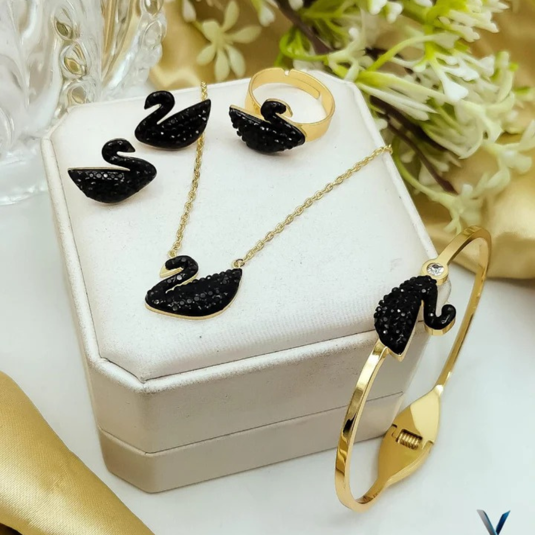 Elegant Golden Brass Jewelry Set with Black Duck Design – Necklace, Earrings, Ring & Bangles