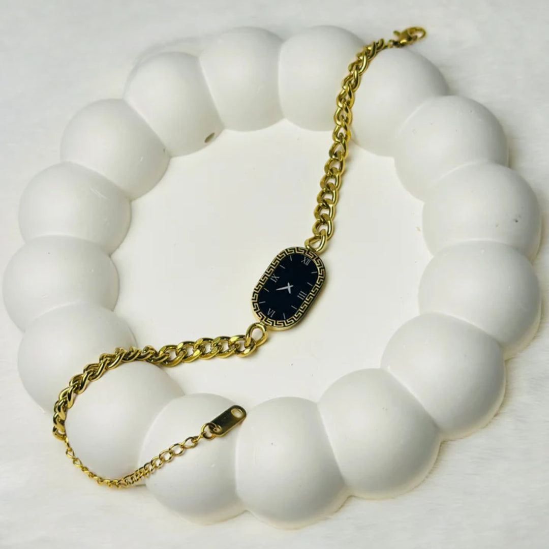 Luxury Watch-Style Jewelry Set for Women | Gold Plated Bracelet, Ring & Chain Combo