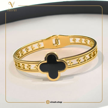 Virsah Gold Cuff Bracelet with Black Clover Charm | Elegant Artificial Jewelry for Women