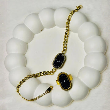 Luxury Watch-Style Jewelry Set for Women | Gold Plated Bracelet, Ring & Chain Combo
