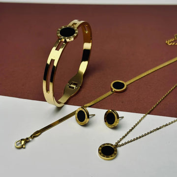Premium Black Round Emblem Jewelry Set (4-Piece) | Luxury Women’s Collection
