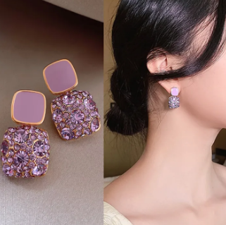 Purple Diamond Square Korean Style Earrings
